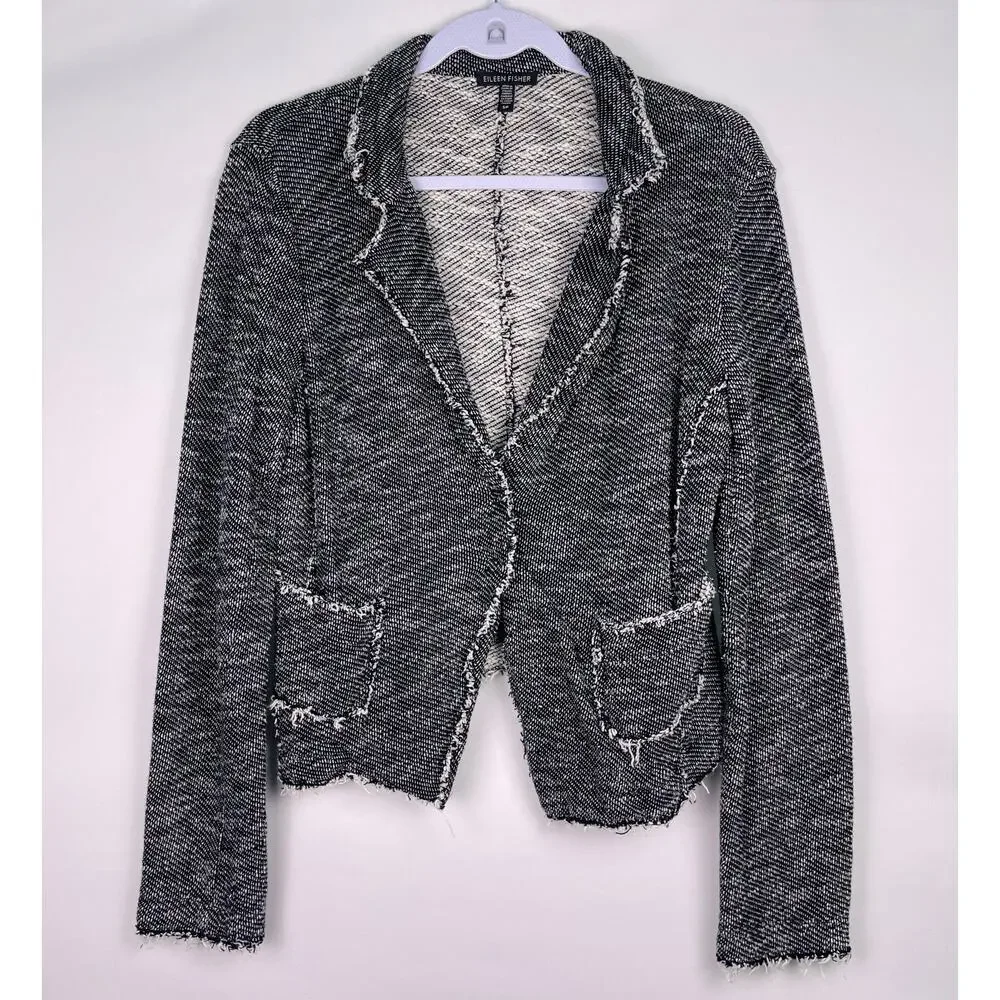 Eileen Fisher Black White Textured Fringe Tweed Blazer Cardigan Size S Petite - Picture 4 of 10
